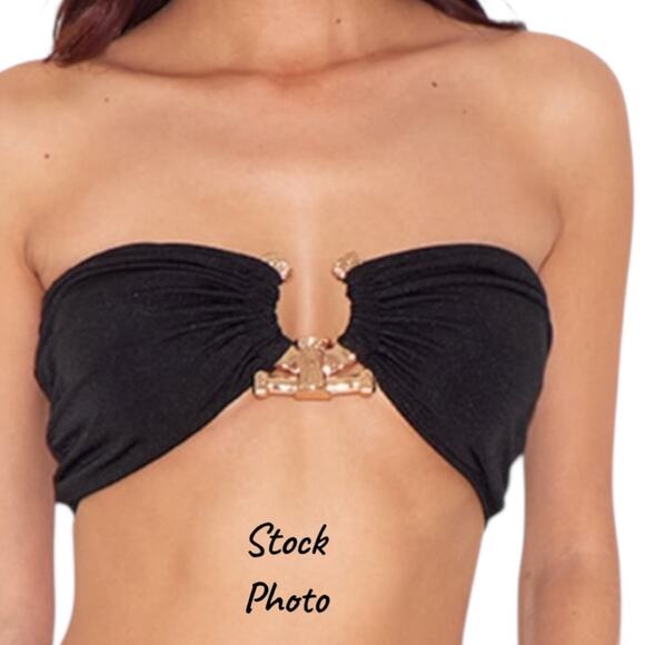 PRETTY LITTLE THING Black w/Gold-Tone Center Embellishment Bikini Top Size 6 - Picture 1 of 6